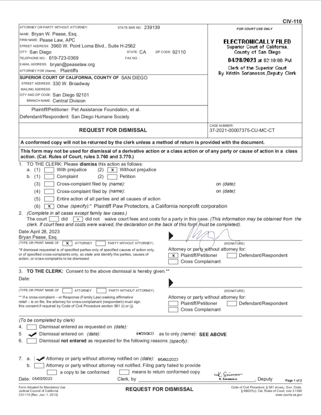 Paw Protectors dumped from lawsuit against San Diego Humane&nbsp;Society.